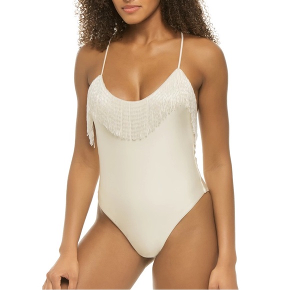 Devon Windsor x Free People Winnie XL Ivory Satin 1Pc Glass Bead Fringe Strappy - Picture 7 of 14